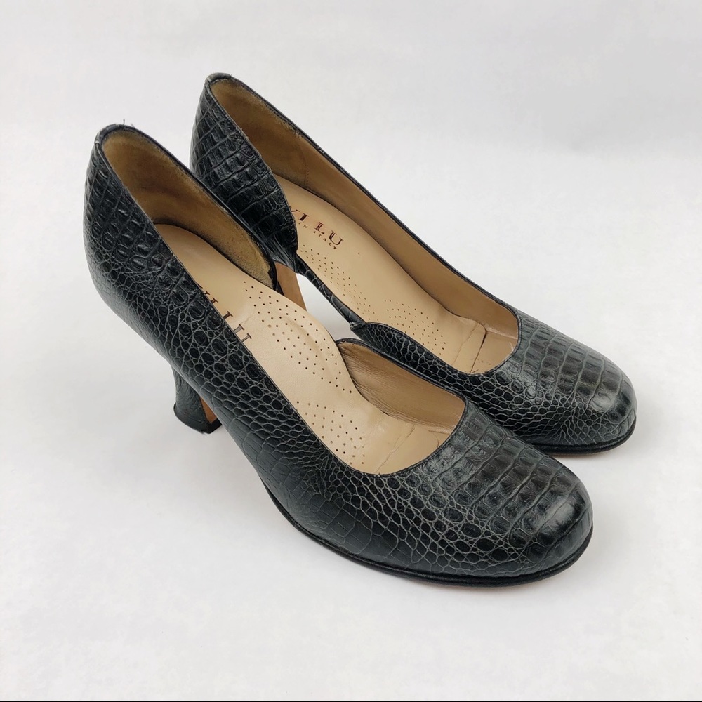 Anyi Lu Black Croc-Embossed Heels